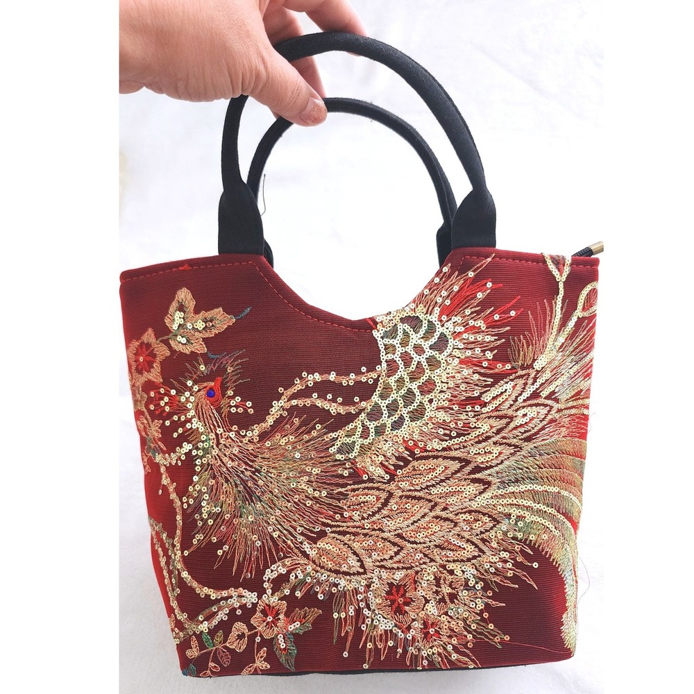 Red Embroidered Phoenix Sequin Handbag Gold Floral Tote Bag Women Top Handle